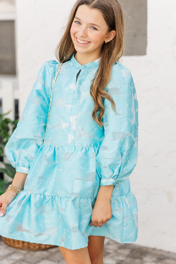Girls: Always On My Mind Light Blue Floral Brocade Babydoll Dress Discount