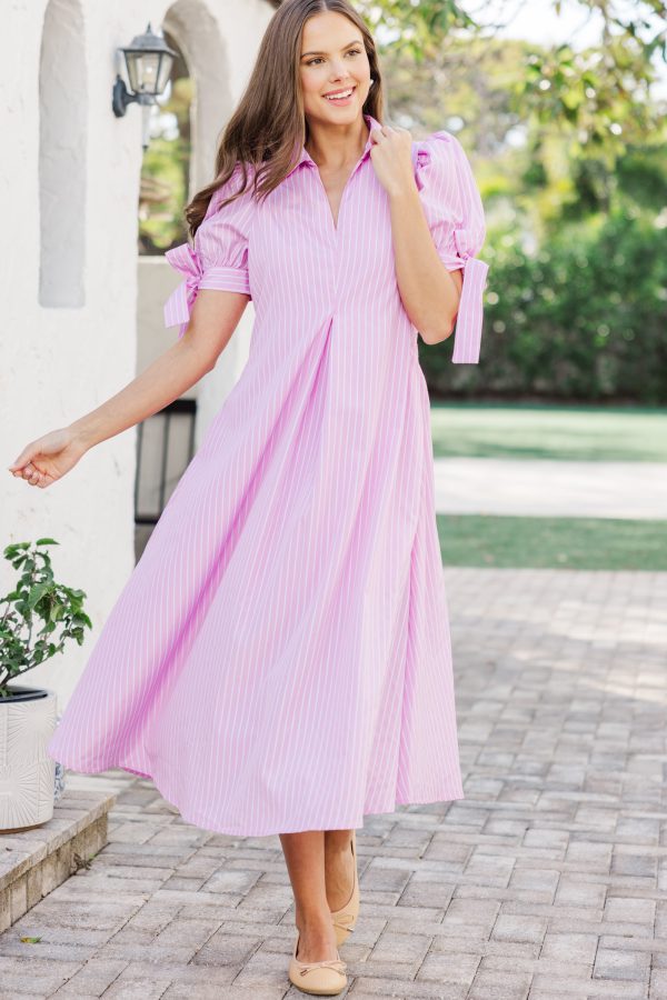 Look Here Pink Striped Midi Dress Hot on Sale