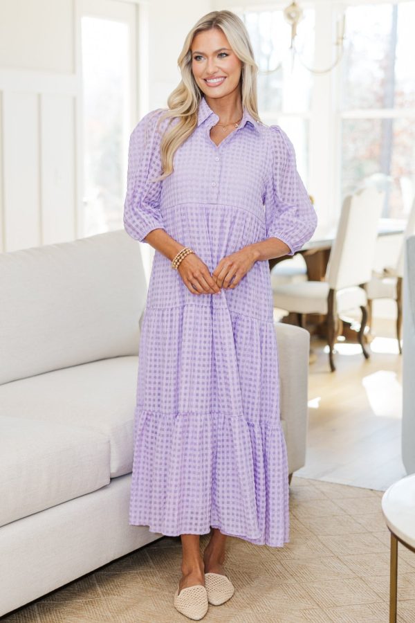 NURSING COLLECTION: Love Found Lavender Gingham Tiered Midi Dress Online Sale - Image 2