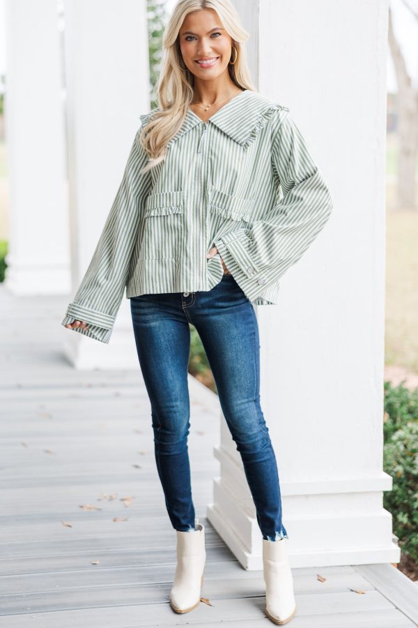The Adoration Olive Green Striped Jacket For Cheap - Image 2