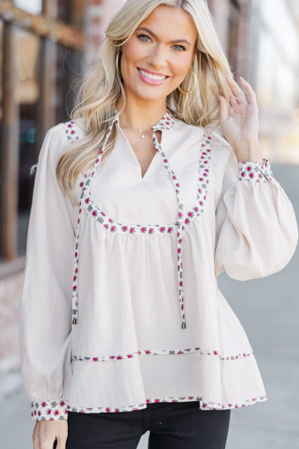 On The Run Ecru Floral Trim Blouse Online now