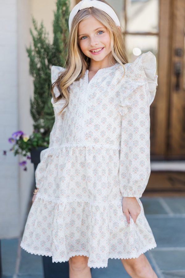 Girls: At This Time Cream Medallion Cotton L S Babydoll Dress For Sale