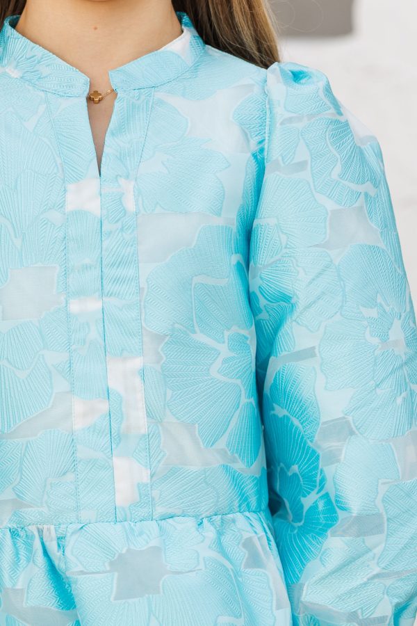 Girls: Always On My Mind Light Blue Floral Brocade Babydoll Dress Discount - Image 3
