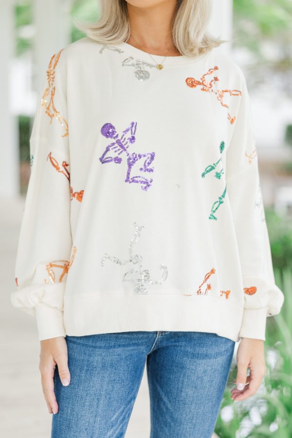 Skeleton Dance Cream White Sequin Pullover Online Hot Sale - Image 5