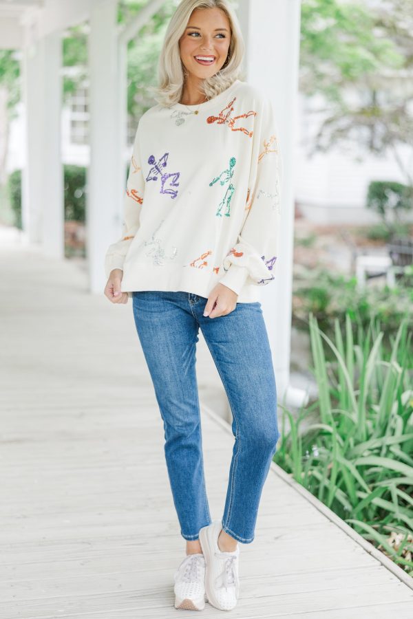 Skeleton Dance Cream White Sequin Pullover Online Hot Sale - Image 2