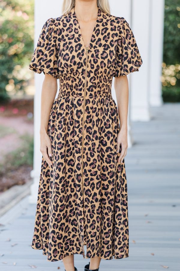 Feeling Fine Camel Brown Leopard Midi Dress For Discount - Image 4