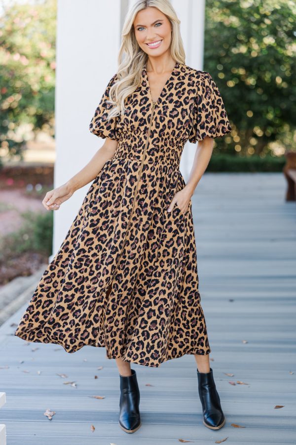 Feeling Fine Camel Brown Leopard Midi Dress For Discount - Image 2