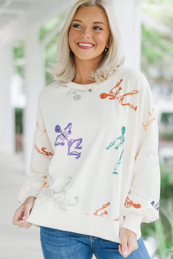 Skeleton Dance Cream White Sequin Pullover Online Hot Sale