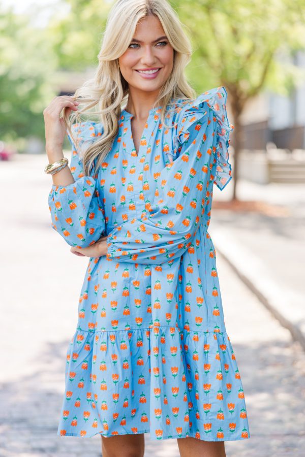 At This Time Blue Floral L S Babydoll Dress For Cheap