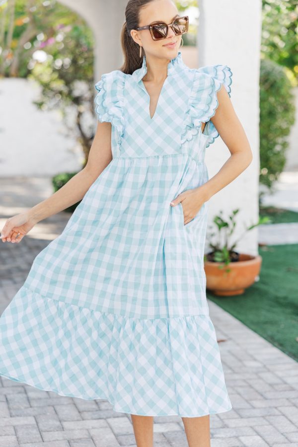 Known All Along Light Blue Gingham Midi Dress For Cheap