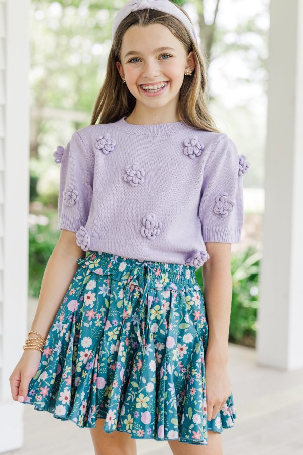 Girls: Floral Dreams Lavender Purple Short Sleeve Sweater For Discount