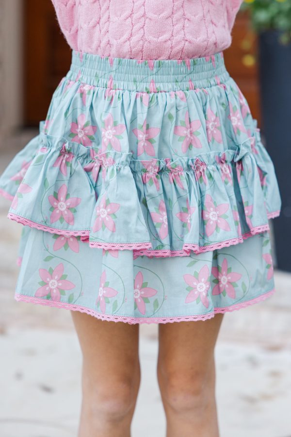 Girls: Sweet Dreams Light Blue Floral Ruffled Skort For Discount